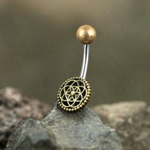 Seed of Life Yellow Brass Belly Barbell