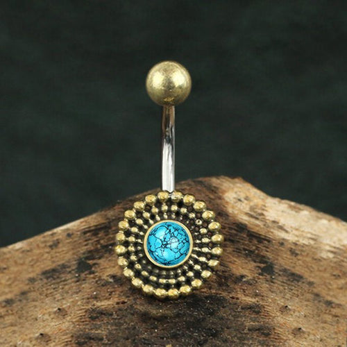 Turquoise Beaded Brass Belly Barbell