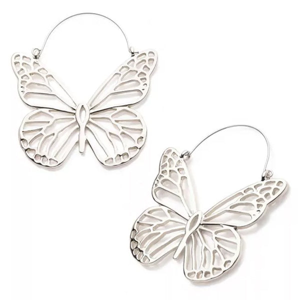 Engraved Stone Butterfly Hoop Earrings