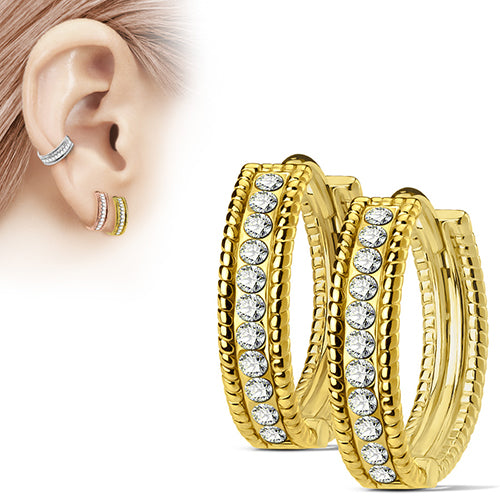 Beaded CZ Hinged Hoop Earrings