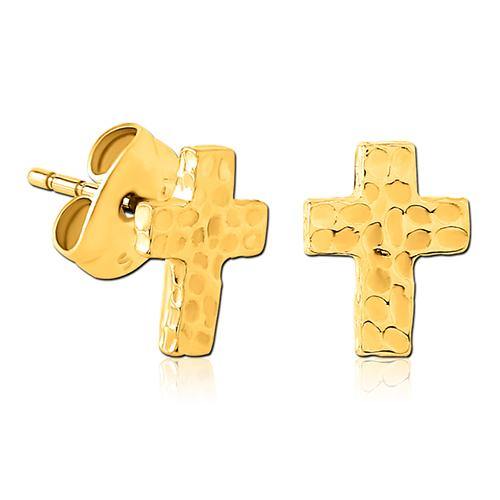 Hammered Cross Gold Stud Earrings