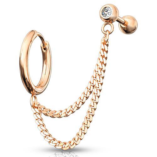 Rose Gold Cartilage Ring & Double Chained CZ Barbell