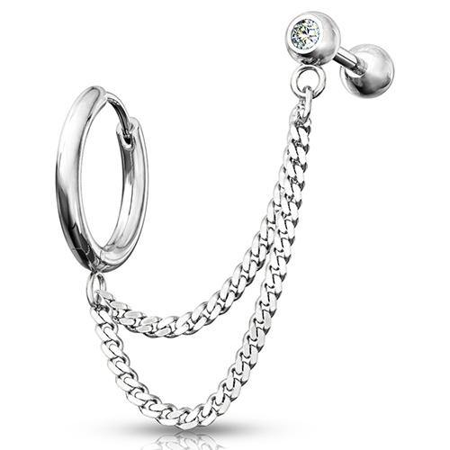 Stainless Cartilage Ring & Double Chained CZ Barbell