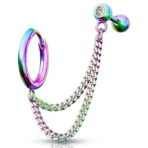 Rainbow Cartilage Ring & Double Chained CZ Barbell