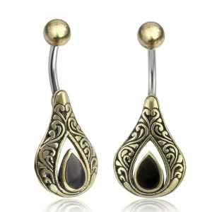 Black Onyx Teardrop & Brass Belly Barbell