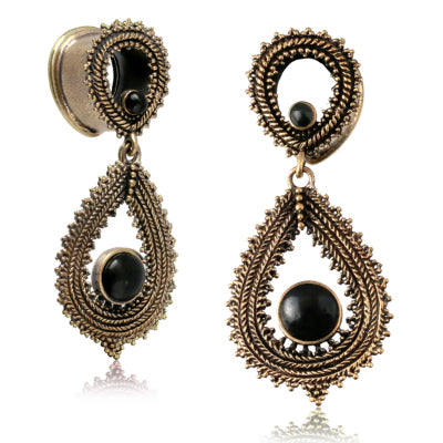 Rose Brass Tunnels w/ Black Onyx Dangles