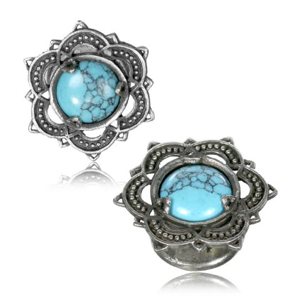 White Brass & Turquoise Bali Lotus Plugs