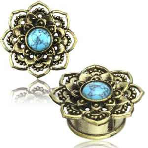 Turquoise & Yellow Brass Lotus Plugs