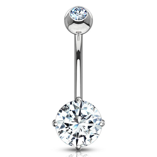 Round CZ White 14k Gold Belly Barbell