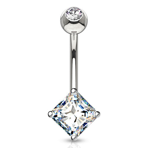 Square CZ White 14k Gold Belly Barbell