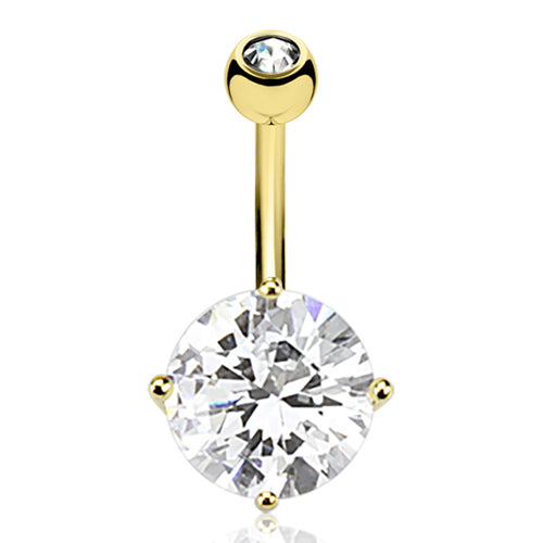 10mm Round CZ Yellow 14k Gold Belly Barbell