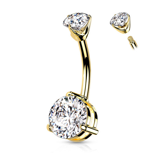 CZ Prong Yellow 14k Gold Belly Barbell