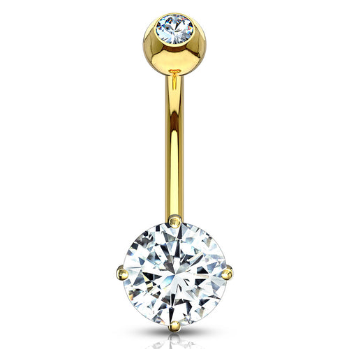 Round CZ Yellow 14k Gold Belly Barbell