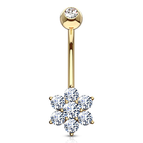 Flower CZ Yellow 14k Gold Belly Barbell