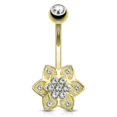 6-Petal CZ Yellow 14k Gold Belly Barbell