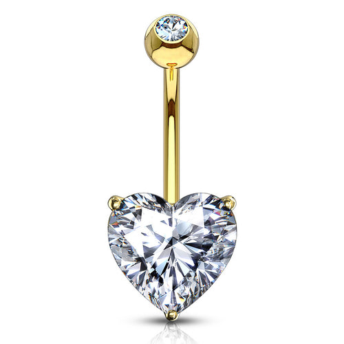 Heart CZ Yellow 14k Gold Belly Barbell