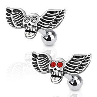 Winged CZ Skull Cartilage Barbell