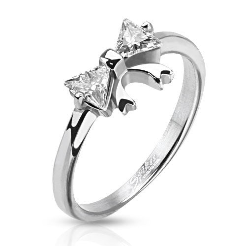 Stainless Trilliant Cut CZ Ribbon Ring