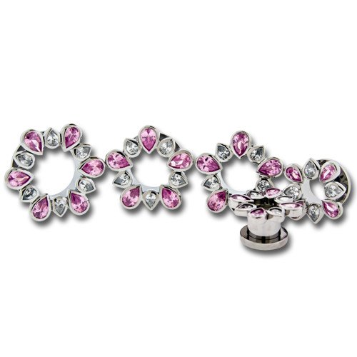 Pink & Clear Gem Flower Stainless Tunnels