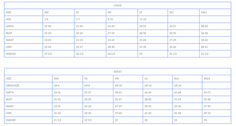 diva dance costumes size chart