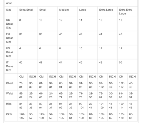 IDS adult size chart