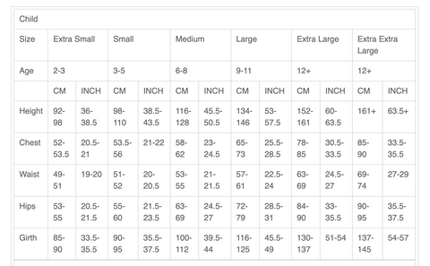 Sizing Chart | B'Loved Dance Costume Hire