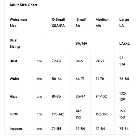 weissman adult size chart