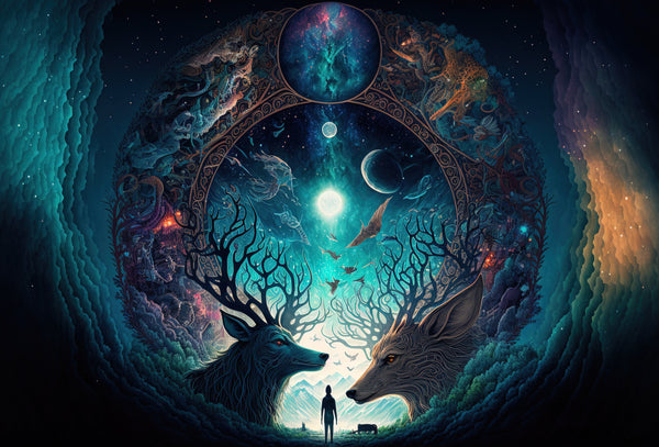 godself circle of life meditation stars and planets and deer and wolf