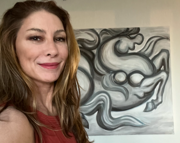 Hannah Meorah with her sensual horse art in the background, Boca Raton, Florida