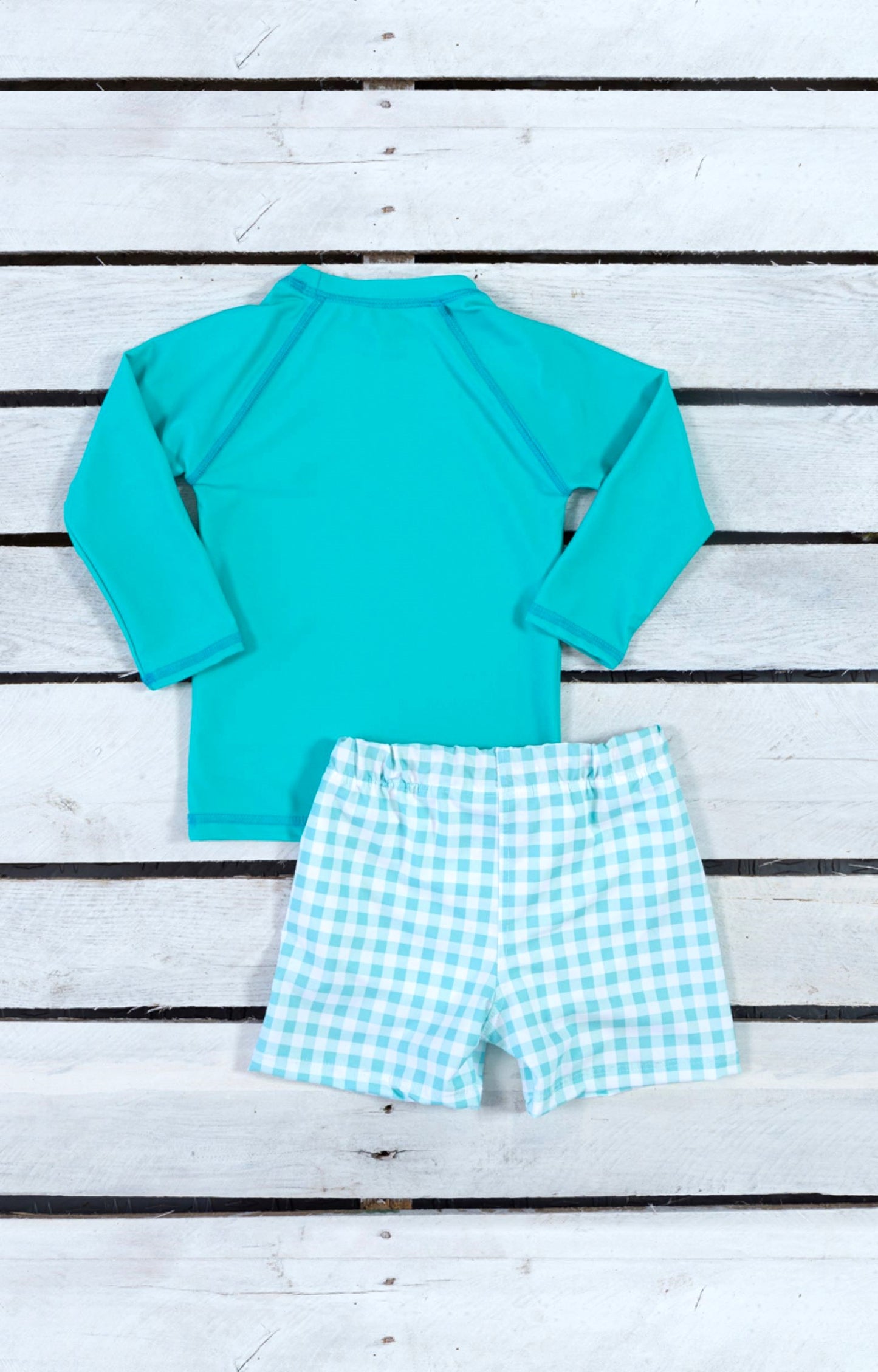 Seafoam Gingham Boy Sun Shirt and Swim Trunks – Tidewater Tots