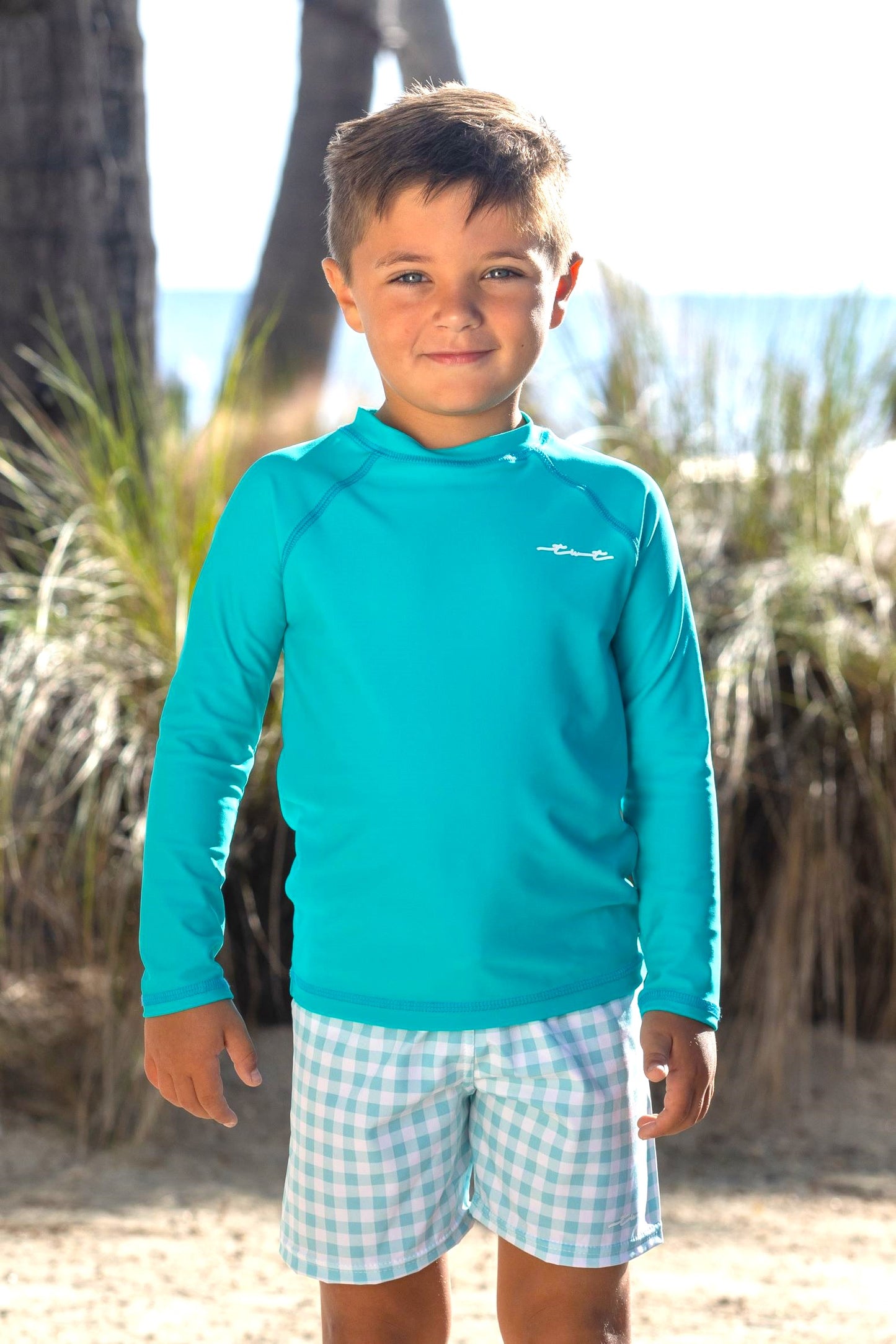 Seafoam Gingham Boy Sun Shirt and Swim Trunks – Tidewater Tots