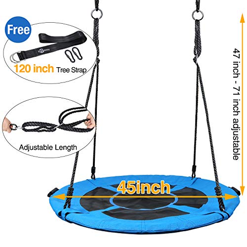 Trekassy 700lb 45 Inch Saucer Tree Swing for Kids Adults Textilene Age-Resistant with 2pcs 10ft Tree Hanging Straps, Steel Frame and Adjustable Ropes--Blue