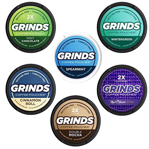 Grinds Coffee Pouches | New 6 Can Sampler | Wintergreen, Spearmint, Cinnamon Roll | 2X Caffeine: Double Mocha, Mint Chocolate, New Orleans | Tobacco & Nicotine Free Healthy Alternative