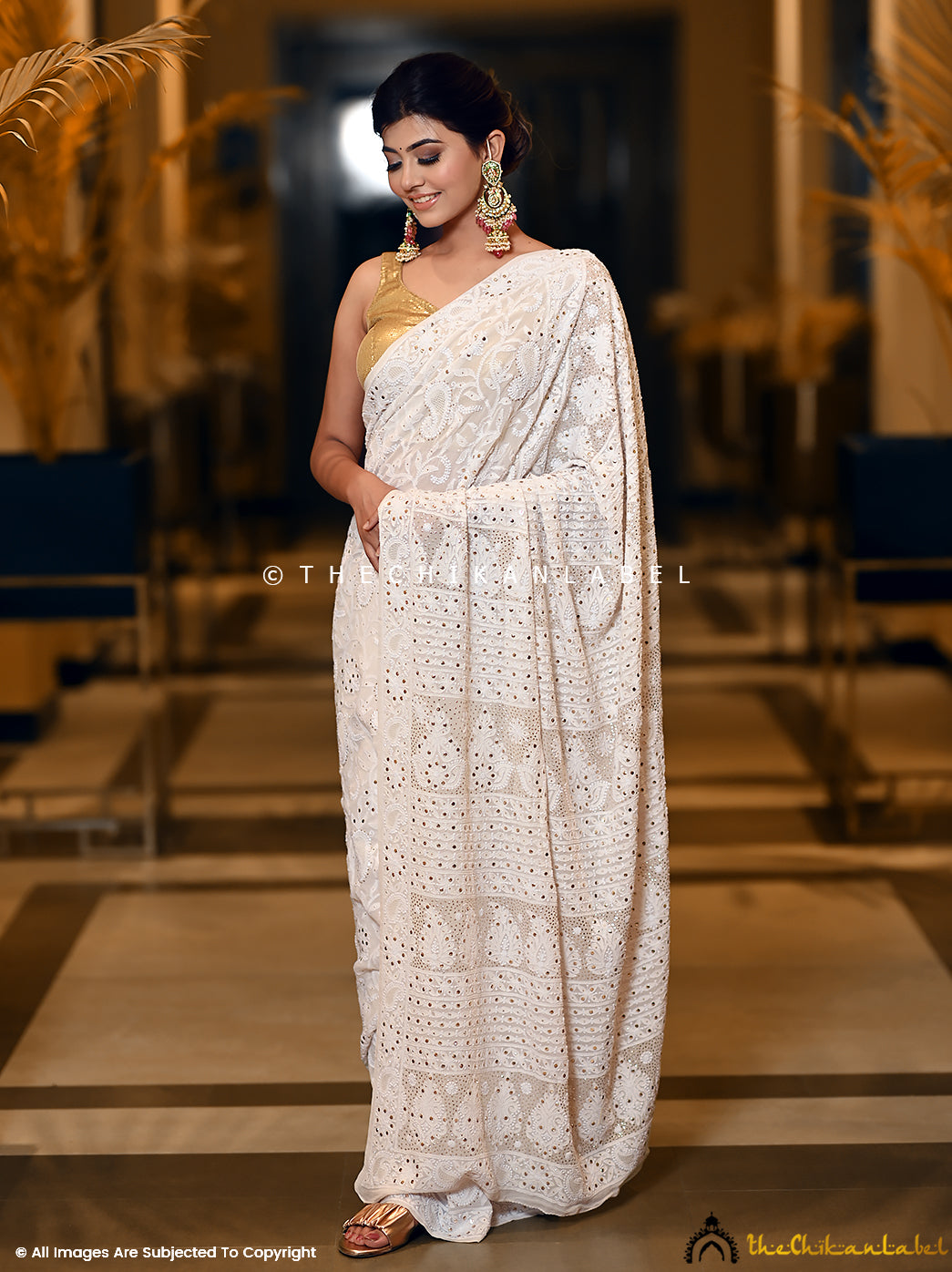 Buy Bong ButiQ Embellished Lucknow Chikankari Tissue White Sarees