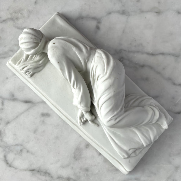 Victorian reproduction of Stefano Maderno's marble sculpture of the incorrupt remains of Saint Cecilia, molded from white parian (unglazed porcelain bisque).