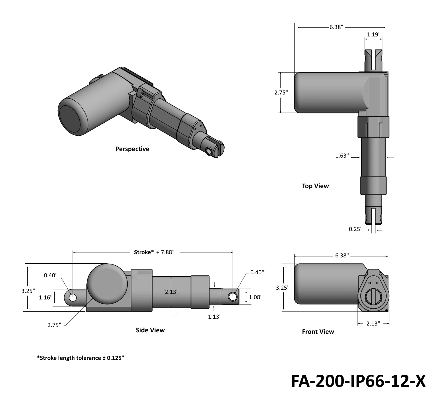 Actuador de barra de servicio pesado - Dibujo técnico con clasificación IP66