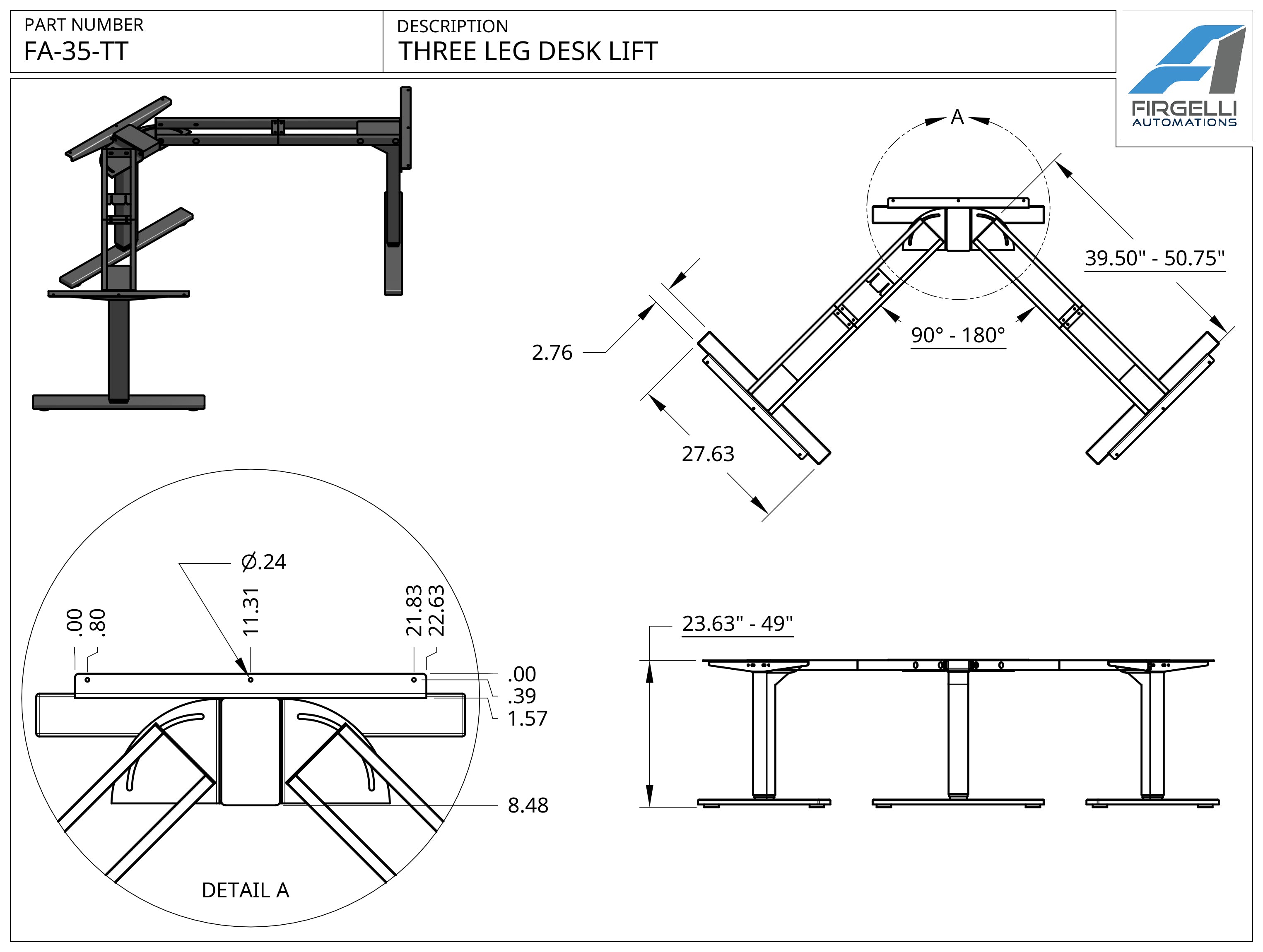 Three Leg Desk Lift Technical Drawing