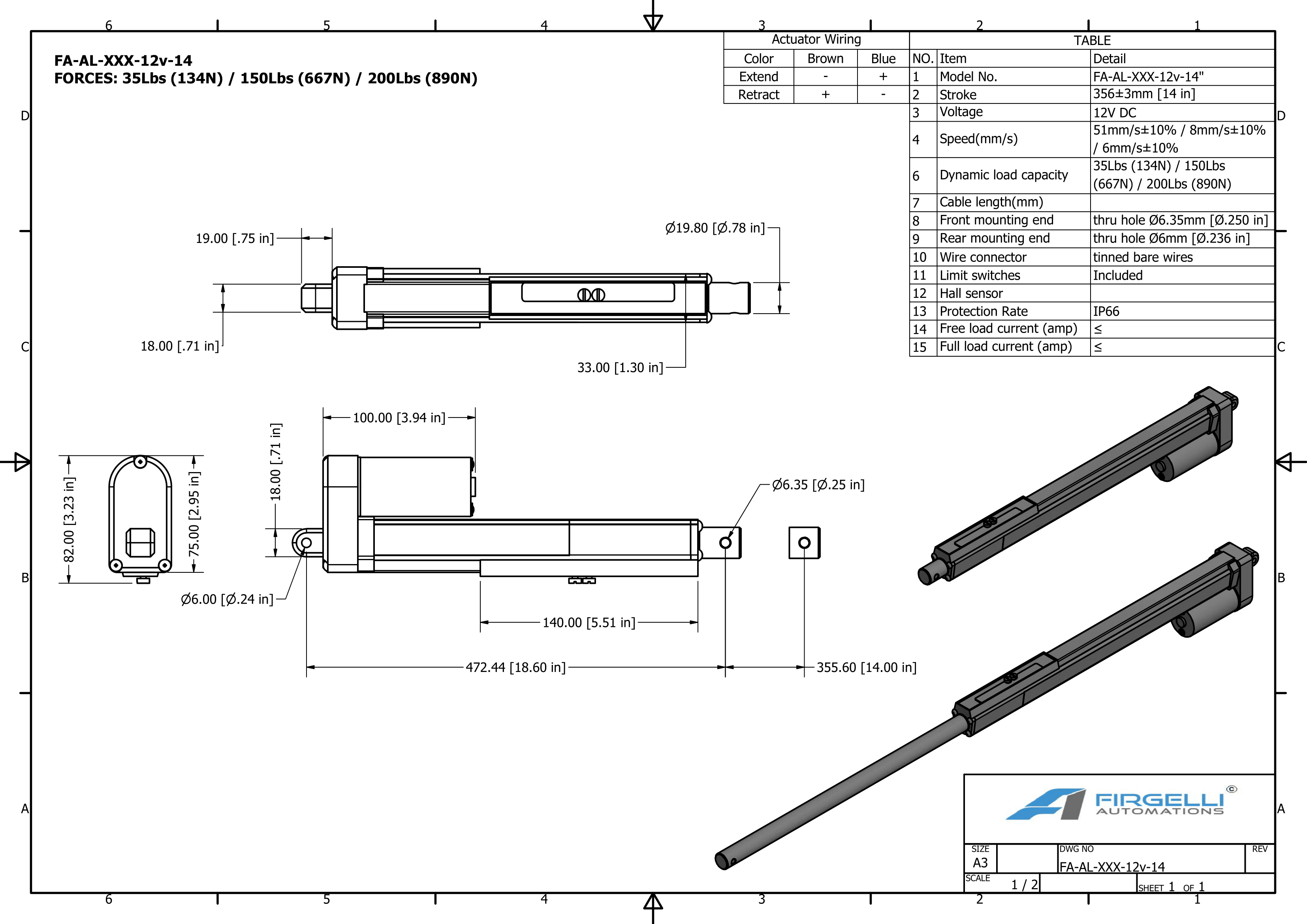 Verstelbare slagactuator afmetingen met een slag van 14 inch