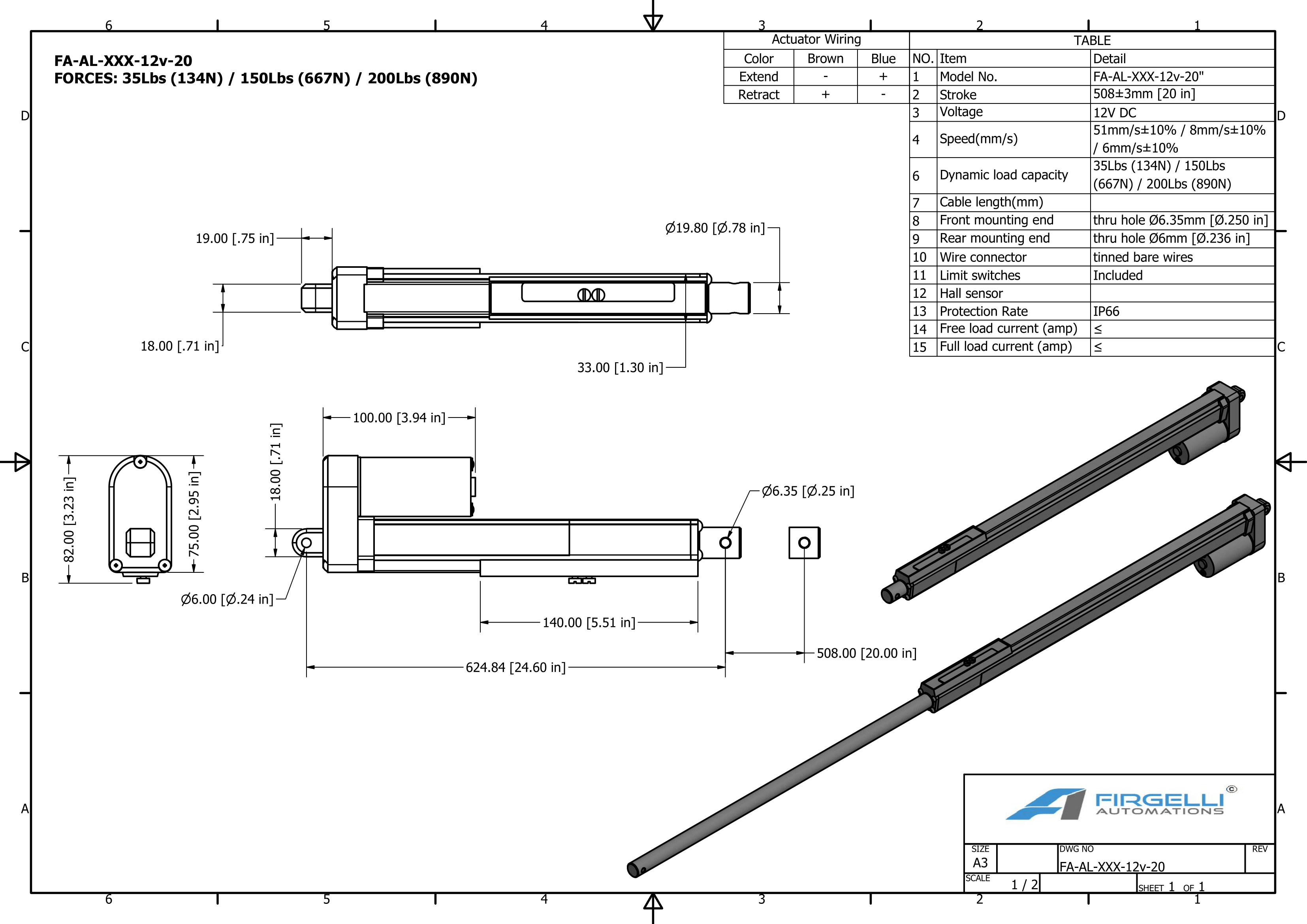 Dimensiones del actuador de trazo ajustable con un trazo de 24 pulgadas