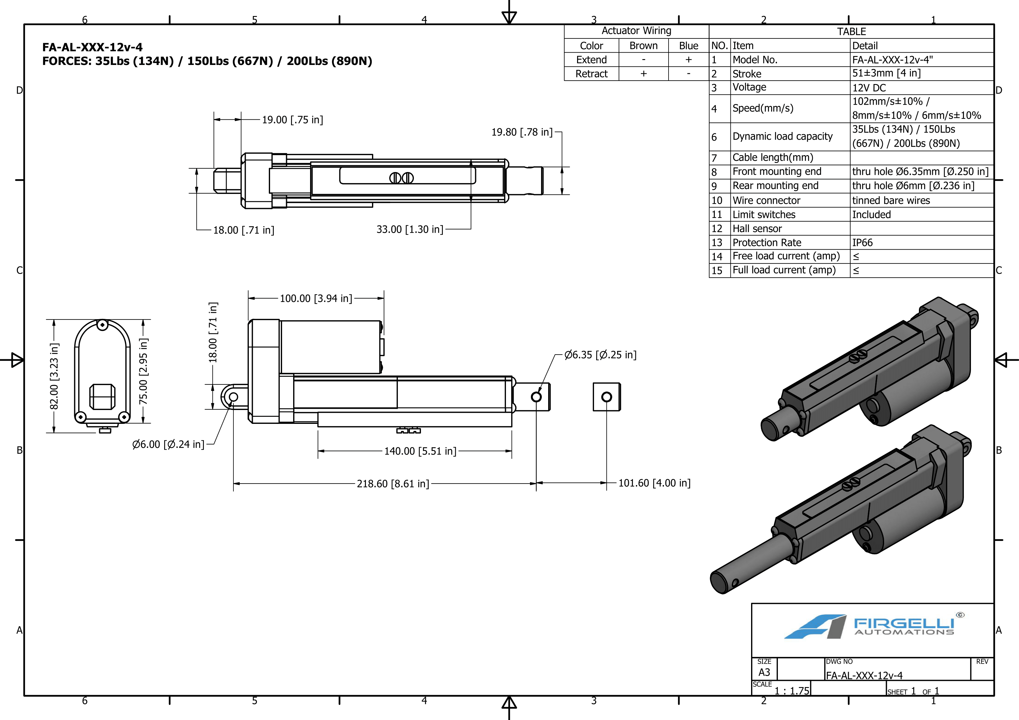 Dimensões do Atuador Ajustável Ajustável com um AVC de 4 polegadas