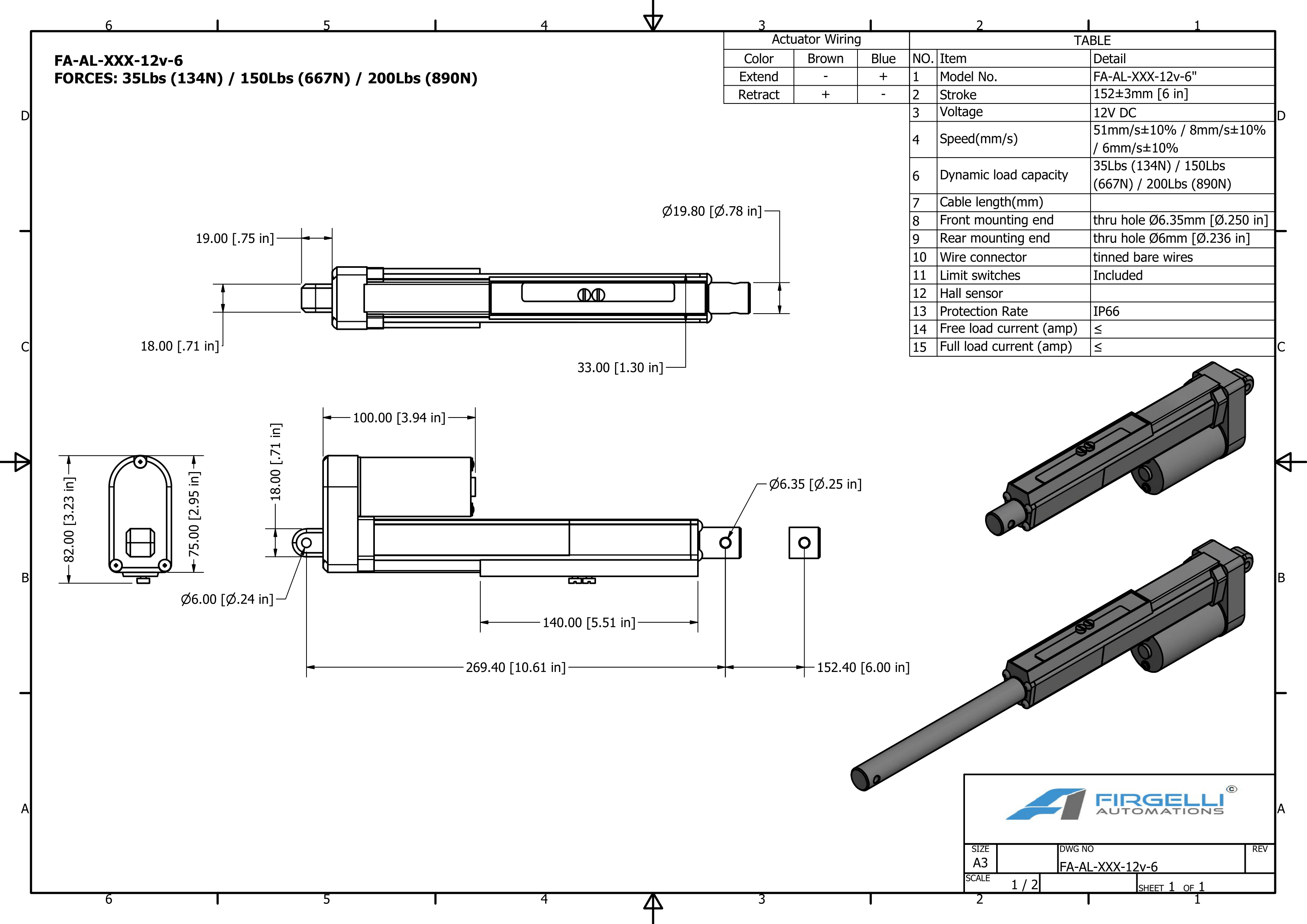 Adjustable stroke actuator dimensions with a 6 inch stroke