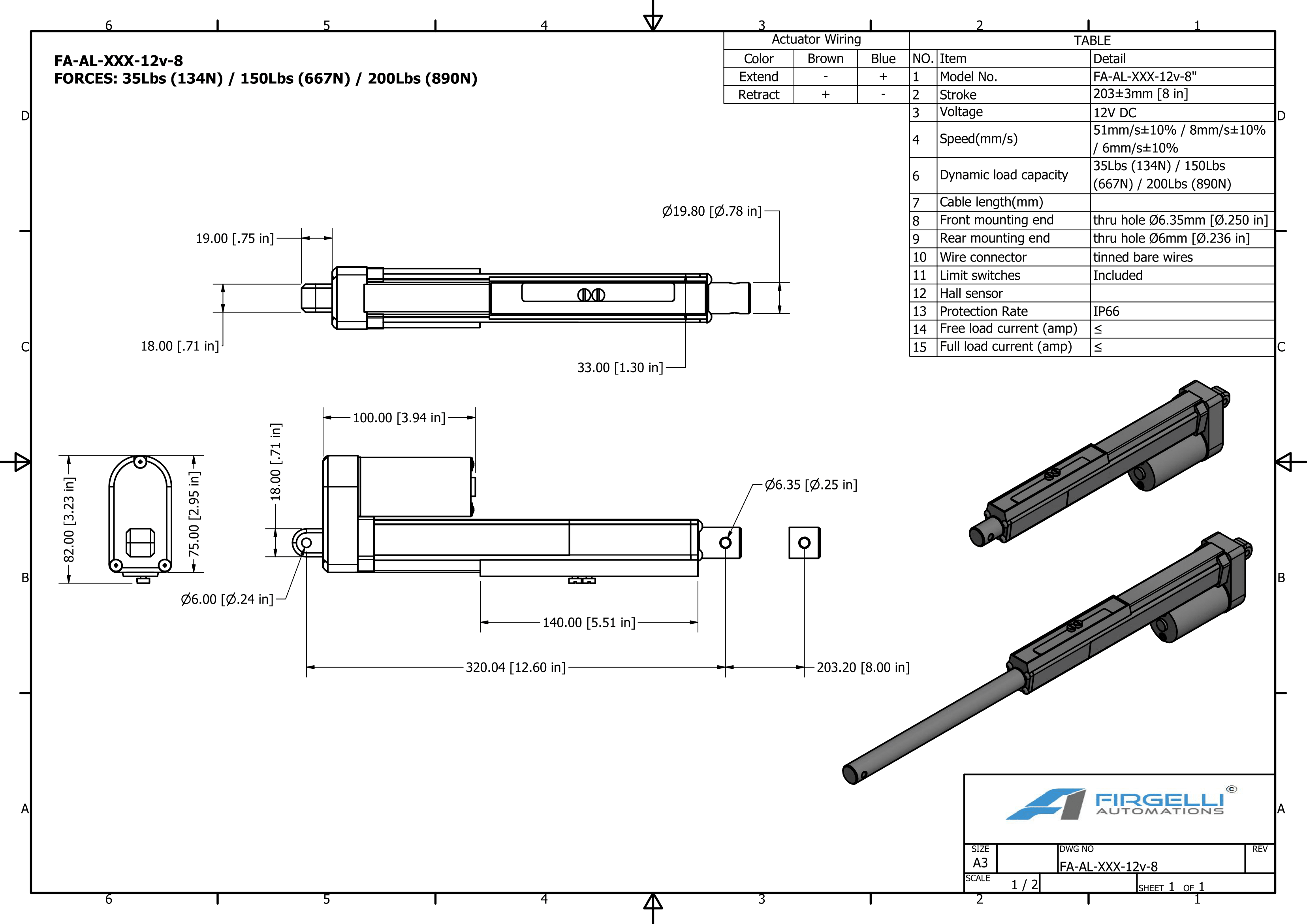 Adjustable stroke actuator dimensions with a 8 inch stroke