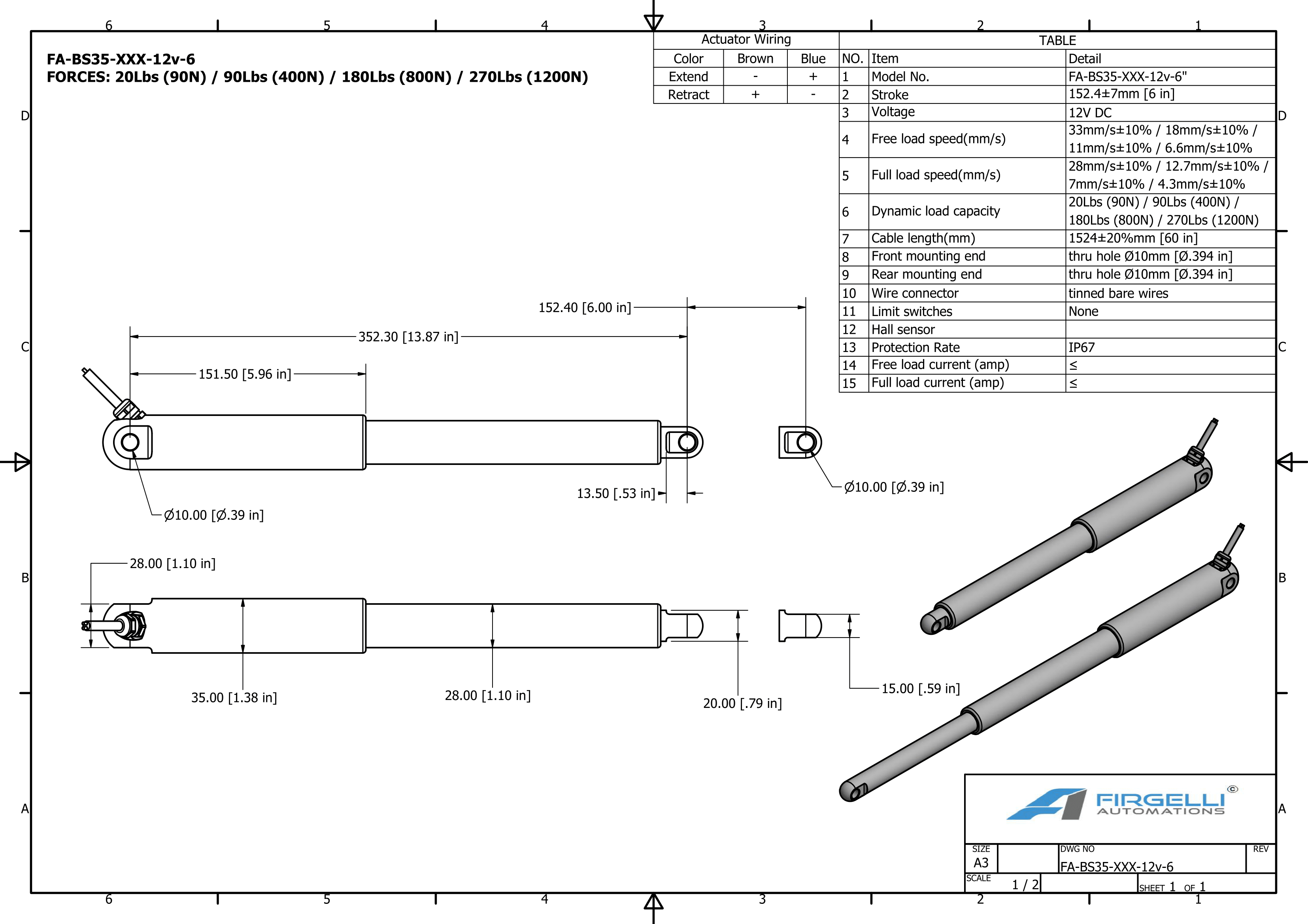 Bullet Series 35 Cal. Dimensioni dell'attuatore con una corsa da 6 pollici