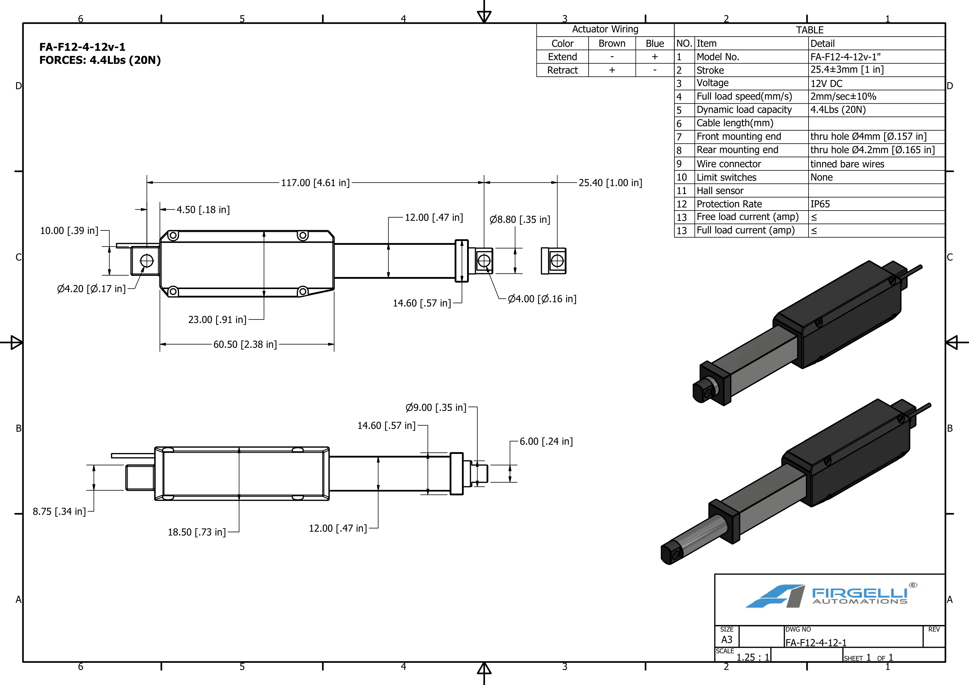 Dimensões do atuador micro linear F12 com um golpe de 1 polegada