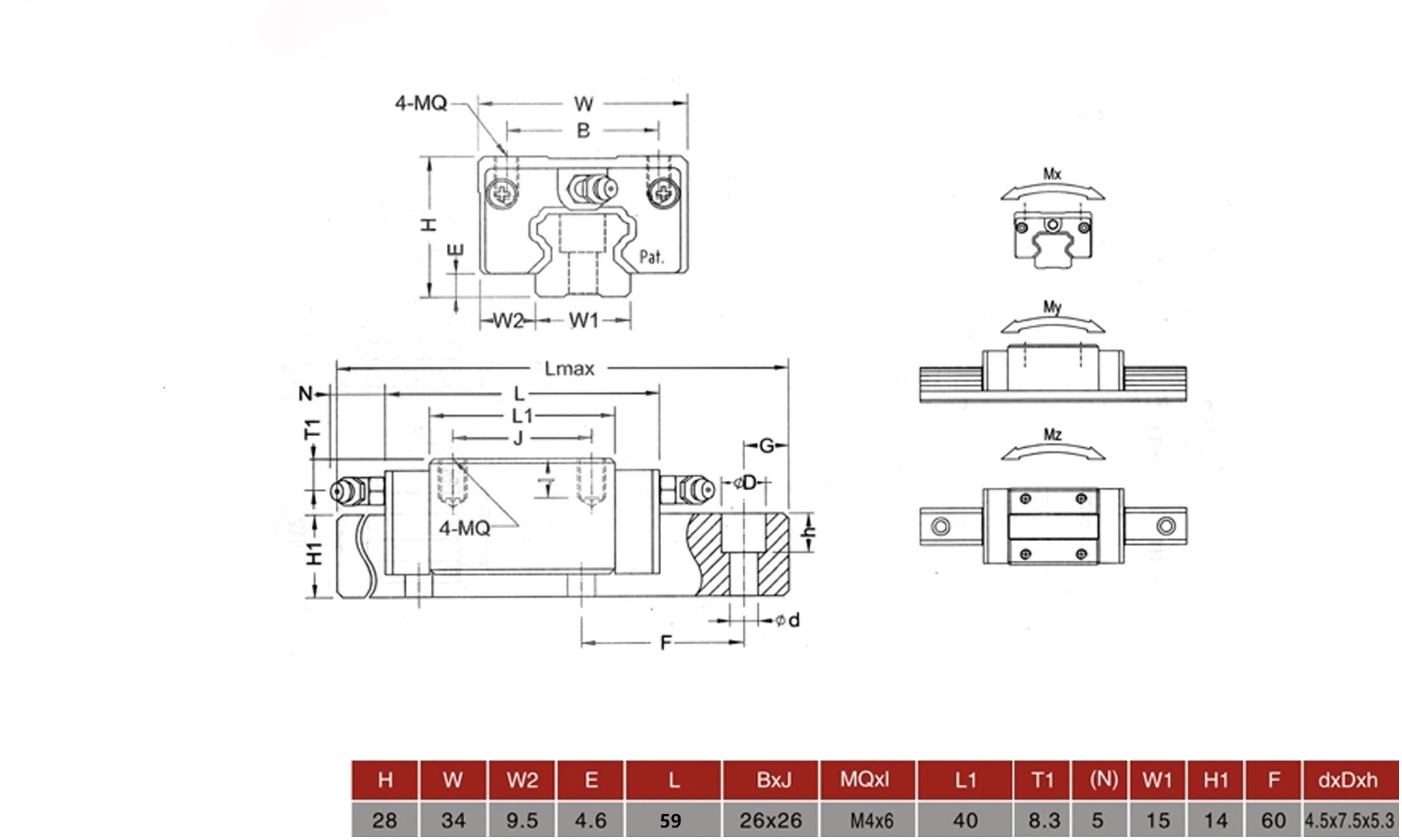 Dibujo técnico de riel de deslizamiento mini lineal