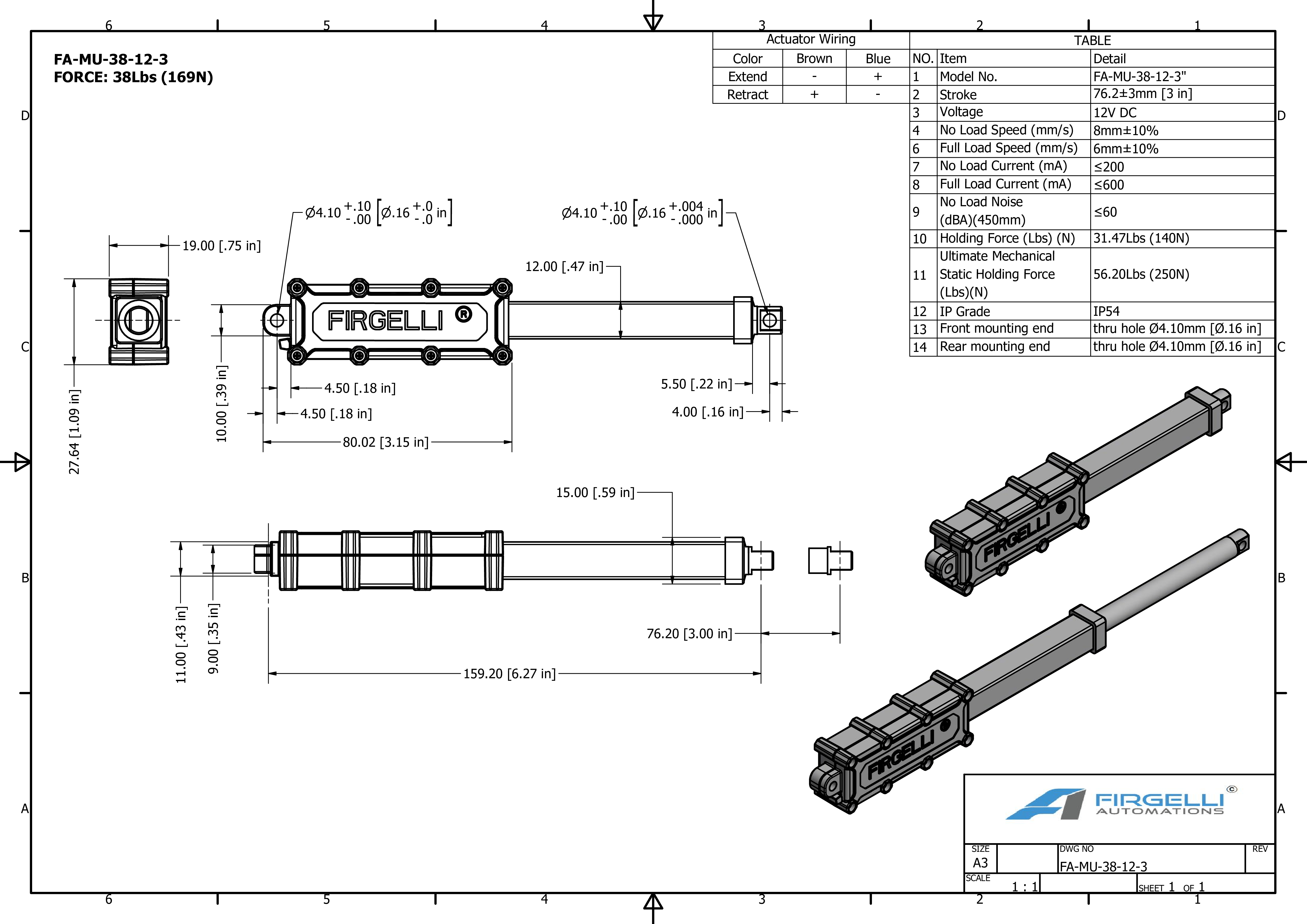 Micro Utility actuator dimensions with a 3 inch stroke