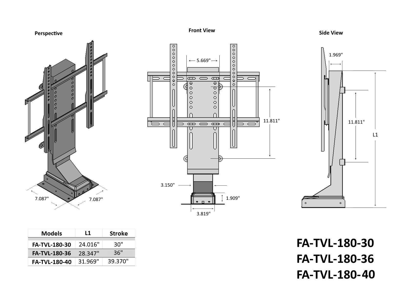 Размеры подъема TVL-180