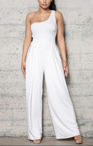 wide leg one shoulder jumpsuit