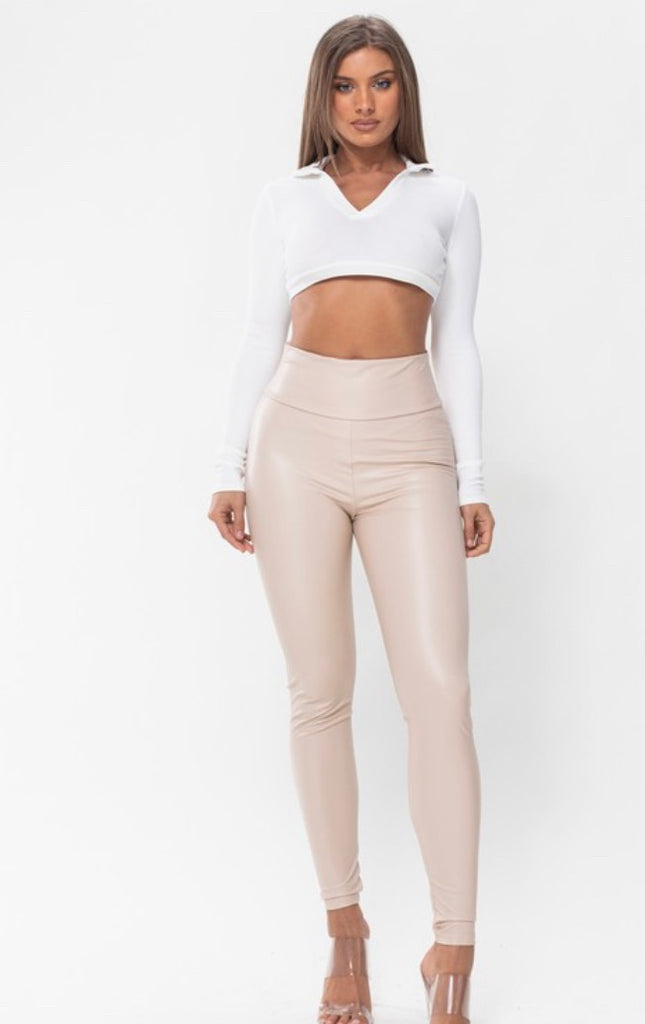 Cream Ruched Faux Leather Leggings, Pants