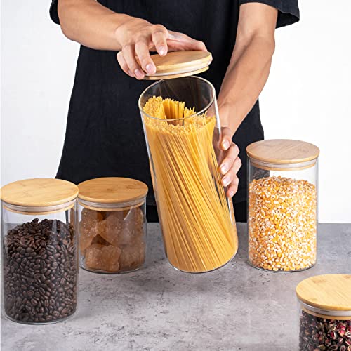 Stackable Kitchen Canisters Set, Pack of 5 Clear Glass Food Storage Jars with Airtight Bamboo Lid Spaghetti Glass Jars, Size: 1XL